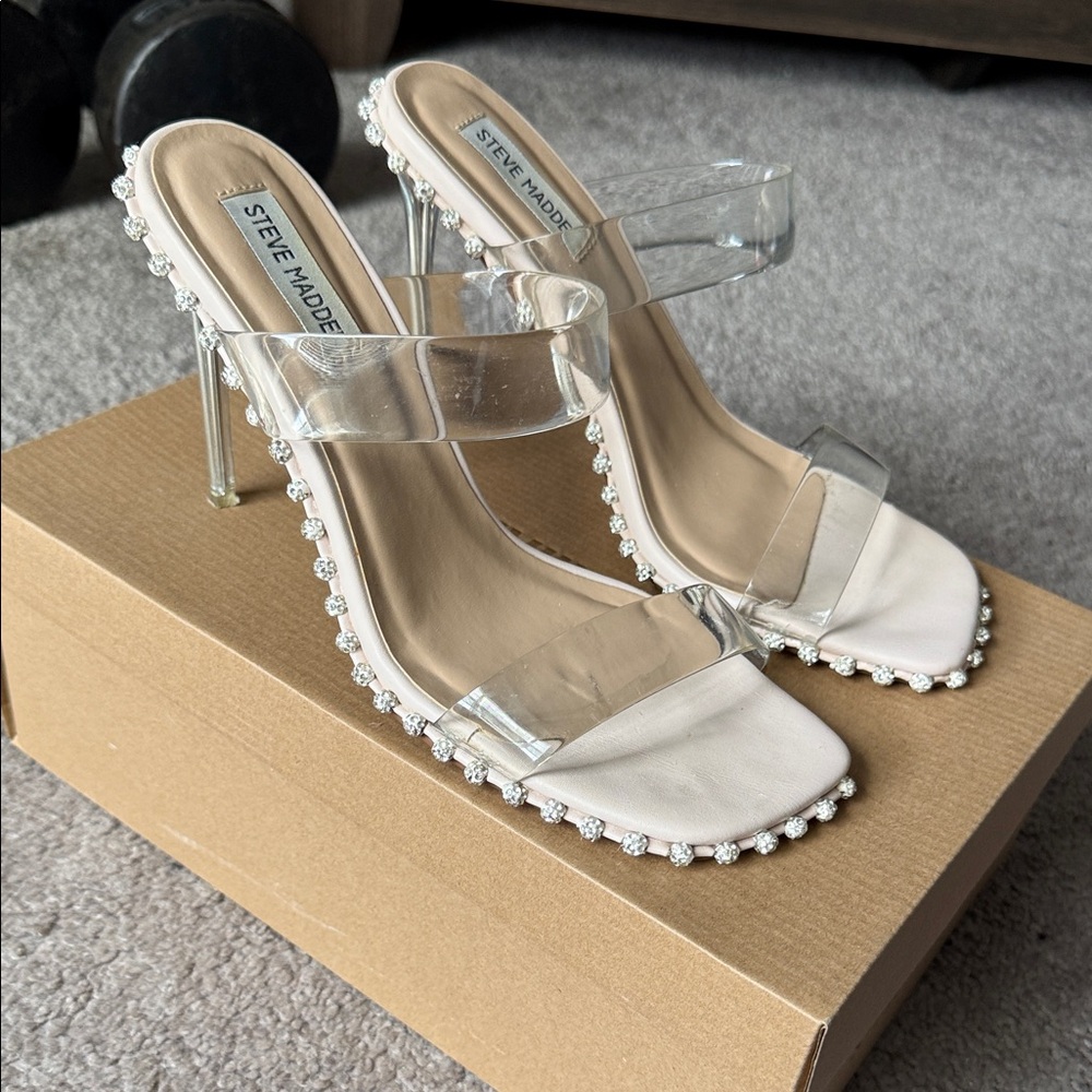 Steve Madden Clear and White Heels with Rhinestone Accents